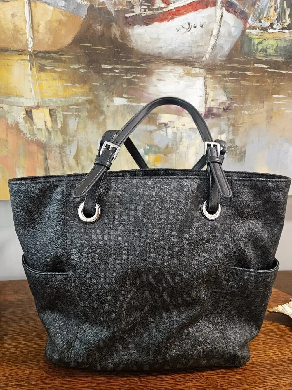Michael Kors Jet Set Signature Logo Tote Bag Black Monogram Silver Hardware